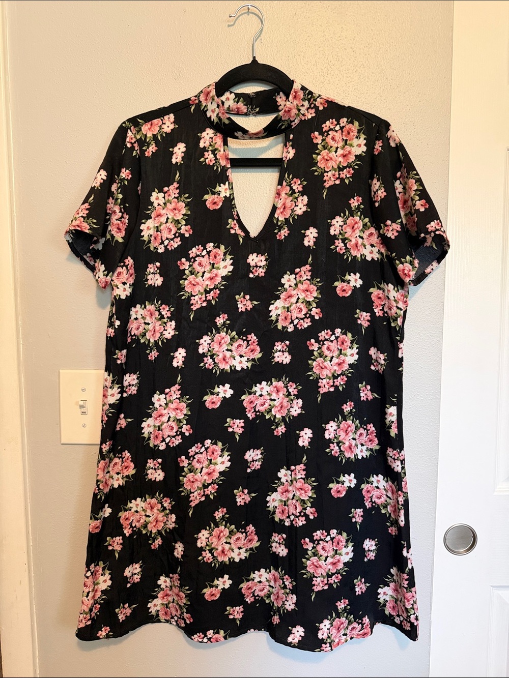Three Hearts Black Mini Dress with Pink Floral Print